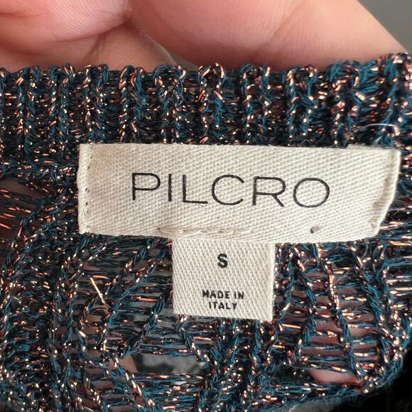 Anthropologie Pilcro Green Metallic Crochet Sweater Boho‎ Holiday Artsy Small - Picture 3 of 6